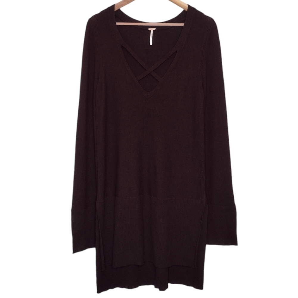 Free People Women's Burgundy Boho Lagenlook Criss Cross V-Neck Long Sleeve Tunic